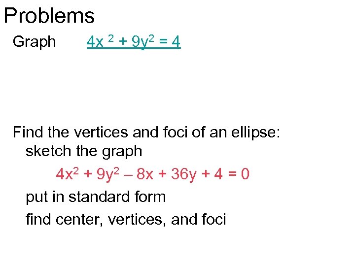 Problems Graph 4 x 2 + 9 y 2 = 4 Find the vertices