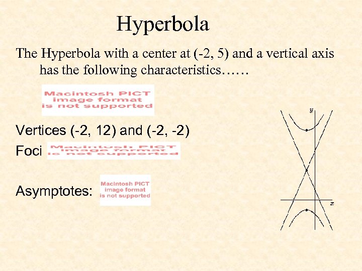 Hyperbola The Hyperbola with a center at (-2, 5) and a vertical axis has