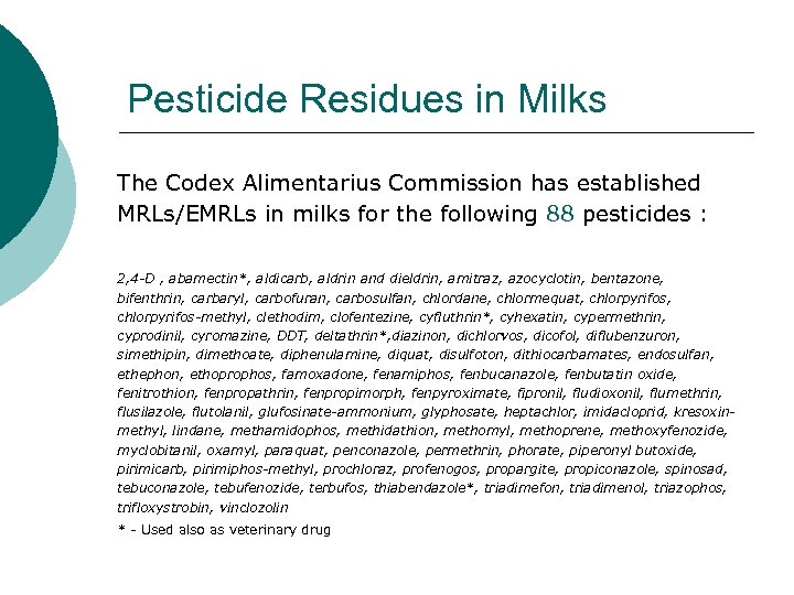 Pesticide Residues in Milks The Codex Alimentarius Commission has established MRLs/EMRLs in milks for