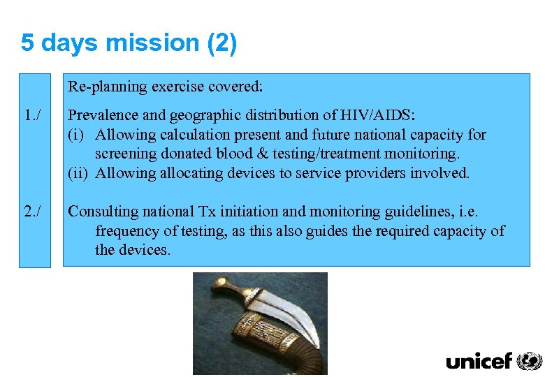 5 days mission (2) Re-planning exercise covered: 1. / Prevalence and geographic distribution of