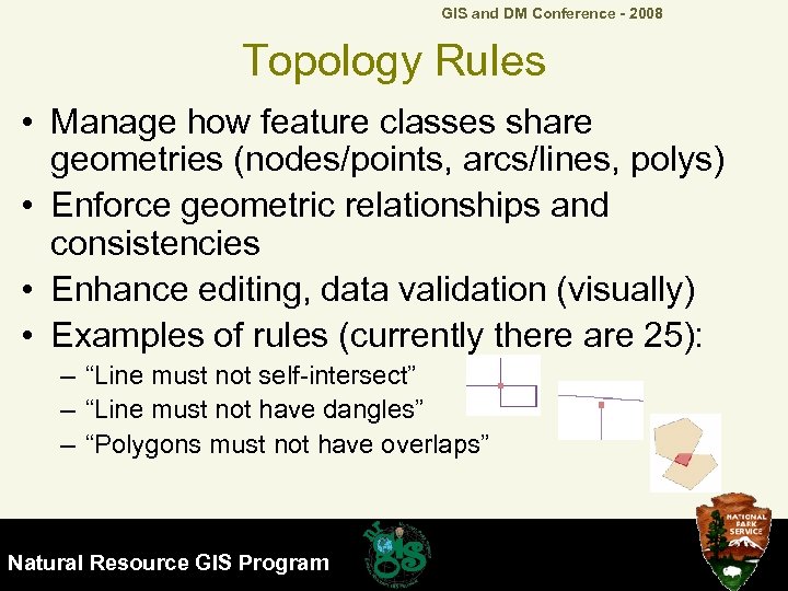 GIS and DM Conference - 2008 Topology Rules • Manage how feature classes share