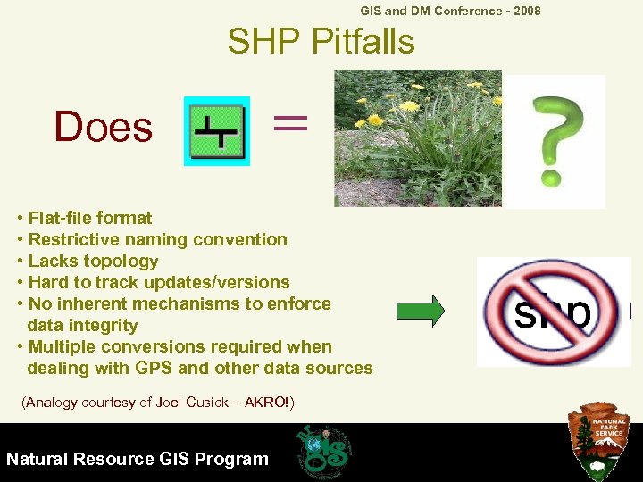 GIS and DM Conference - 2008 SHP Pitfalls Does • Flat-file format • Restrictive