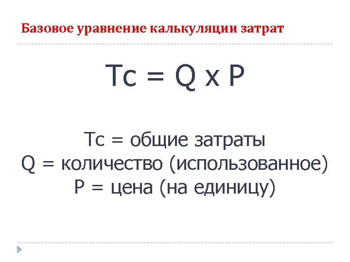 Базовое уравнение калькуляции затрат Tc = Q x P Tc = общие затраты Q