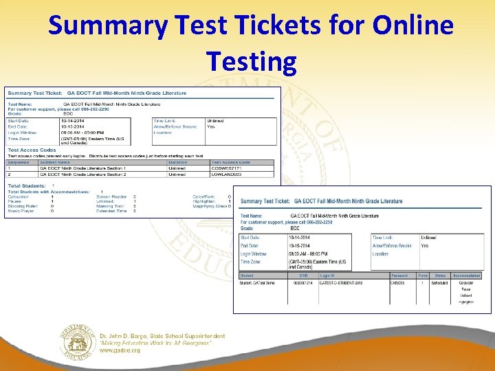 Summary Test Tickets for Online Testing 