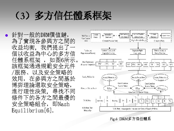 （3）多方信任體系框架 l 針對一般的DRM價值鏈， 為了實現各參與方之間的 收益均衡, 我們提出了一 個以收益為中心的多方信 任體系框架 ，如图 6所示。 該框架通過規範安全元件 /服務、以及安全策略的 效用，在參與方之間基於 博弈理論選取安全策略，