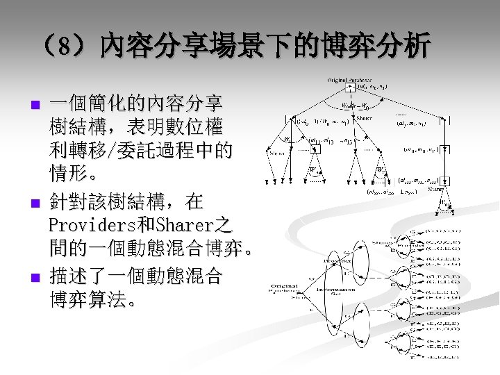 （8）內容分享場景下的博弈分析 n n n 一個簡化的內容分享 樹結構，表明數位權 利轉移/委託過程中的 情形。 針對該樹結構，在 Providers和Sharer之 間的一個動態混合博弈。 描述了一個動態混合 博弈算法。 