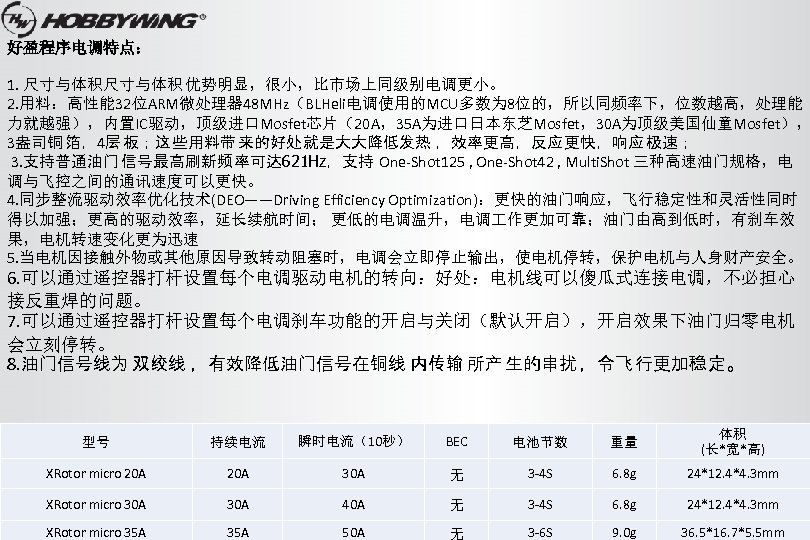 好盈程序电调特点： 1. 尺寸与体积 优势明显，很小，比市场上同级别电调更小。 2. 用料：高性能 32位ARM微处理器 48 MHz（BLHeli电调使用的MCU多数为 8位的，所以同频率下，位数越高，处理能 力就越强），内置IC驱动，顶级进口Mosfet芯片（20 A，35 A为进口日本东芝Mosfet，30 A为顶级美国仙童Mosfet），