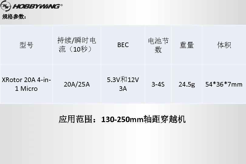 规格参数： 型号 XRotor 20 A 4 -in 1 Micro 持续/瞬时电 流（10秒） BEC 电池节 数