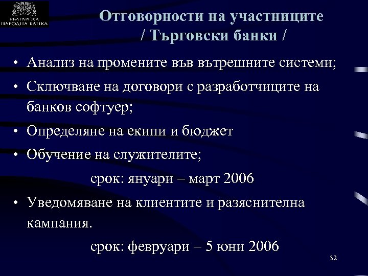 Отговорности на участниците / Търговски банки / • Анализ на промените във вътрешните системи;