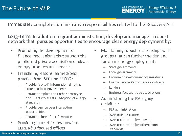 The Future of WIP Immediate: Complete administrative responsibilities related to the Recovery Act Long-Term: