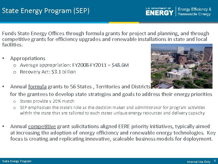 State Energy Program (SEP) Funds State Energy Offices through formula grants for project and