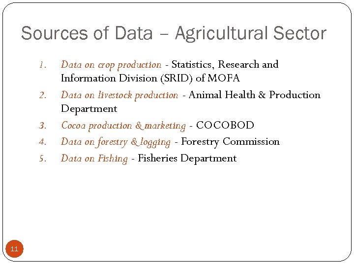 Sources of Data – Agricultural Sector 1. 2. 3. 4. 5. 11 Data on