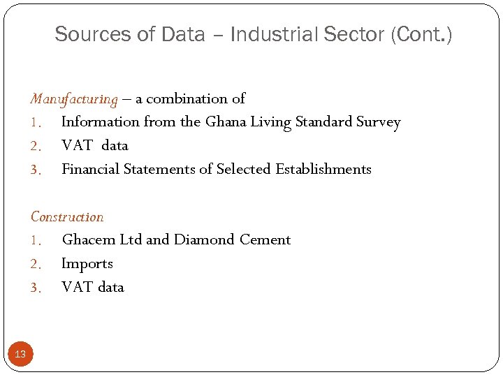 Sources of Data – Industrial Sector (Cont. ) Manufacturing – a combination of 1.