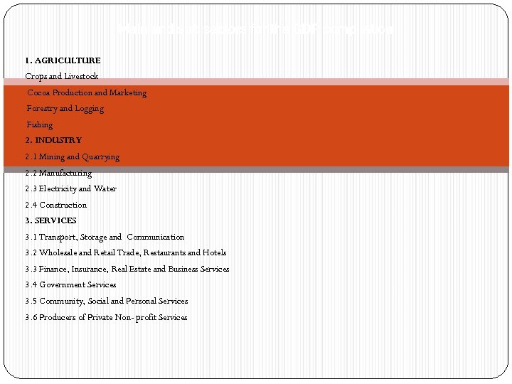 Main and sub sectors for the GDP compilation 1. AGRICULTURE Crops and Livestock Cocoa