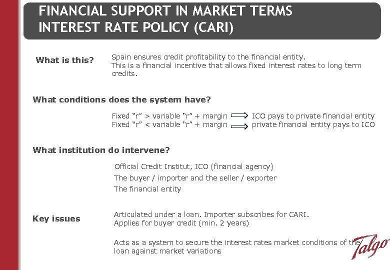 FINANCIAL SUPPORT IN MARKET TERMS INTEREST RATE POLICY (CARI) What is this? Spain ensures