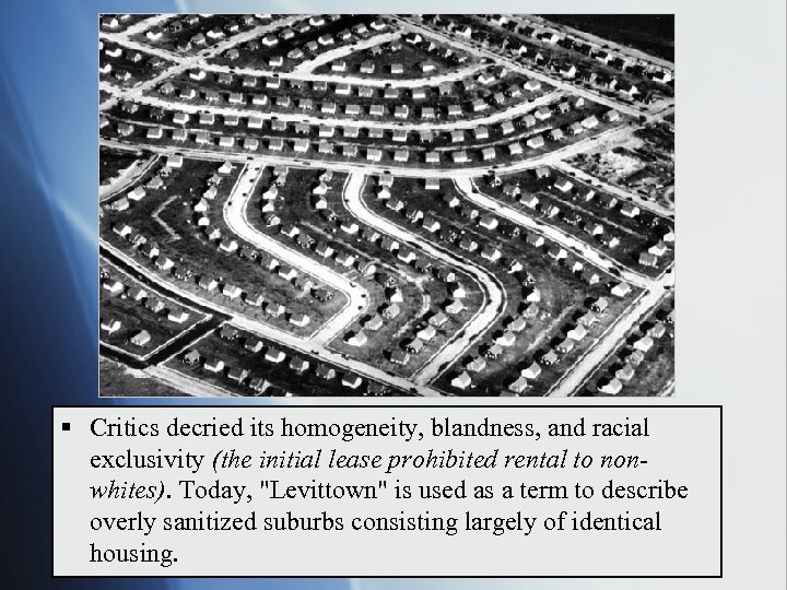§ Critics decried its homogeneity, blandness, and racial exclusivity (the initial lease prohibited rental