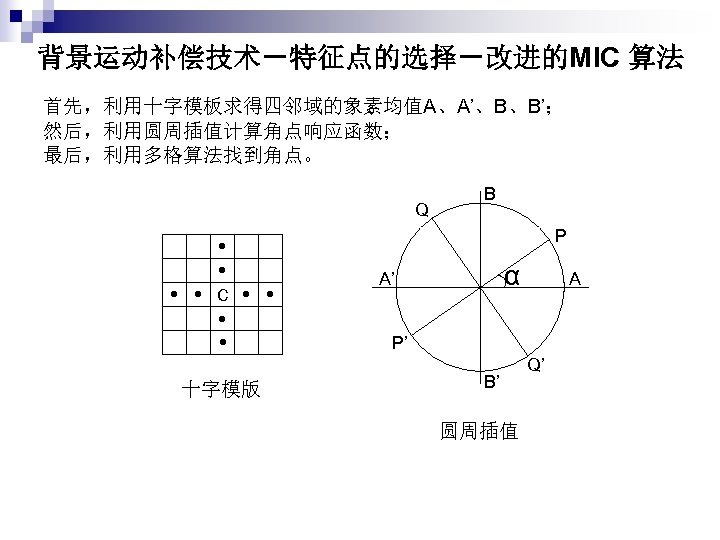 背景运动补偿技术－特征点的选择－改进的MIC 算法 首先，利用十字模板求得四邻域的象素均值A、A’、B、B’； 然后，利用圆周插值计算角点响应函数； 最后，利用多格算法找到角点。 Q B P C α A’ A P’ 十字模版