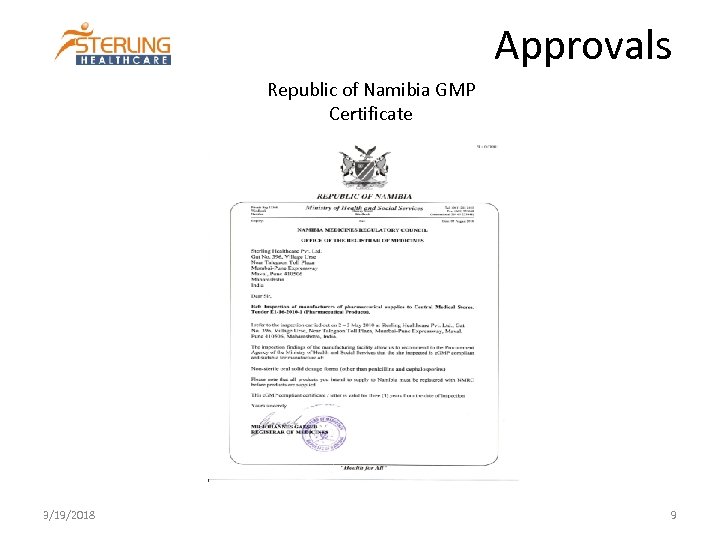 Approvals Republic of Namibia GMP Certificate 3/19/2018 9 