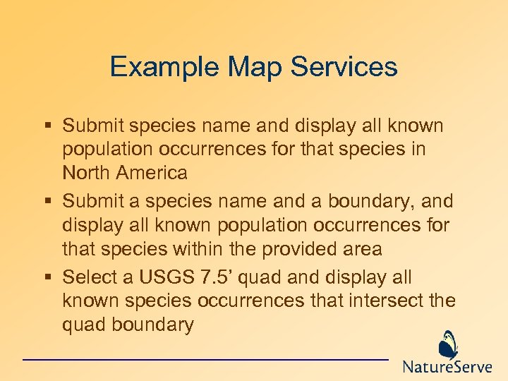Example Map Services § Submit species name and display all known population occurrences for