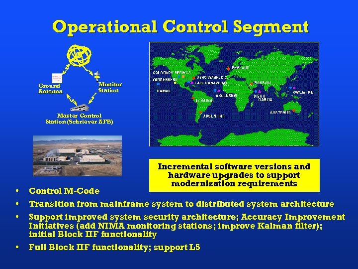 Operational Control Segment Ground Antenna Monitor Station Master Control Station (Schriever AFB) • •