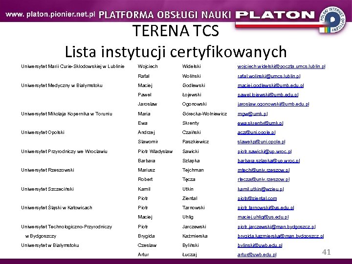 TERENA TCS Lista instytucji certyfikowanych Uniwersytet Marii Curie-Skłodowskiej w Lublinie Uniwersytet w Białymstoku pawel.