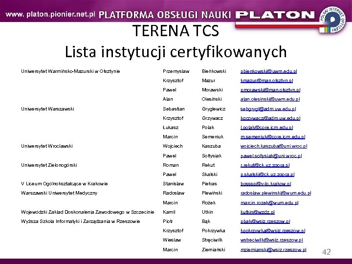 TERENA TCS Lista instytucji certyfikowanych Uniwersytet Warmińsko-Mazurski w Olsztynie Przemysław Bieńkowski pbienkowski@uwm. edu. pl