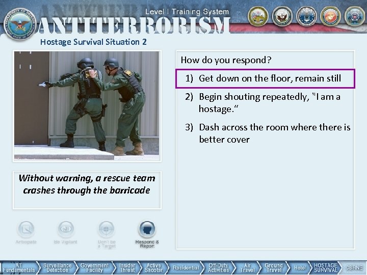 Hostage Survival Situation 2 How do you respond? 1) Get down on the floor,