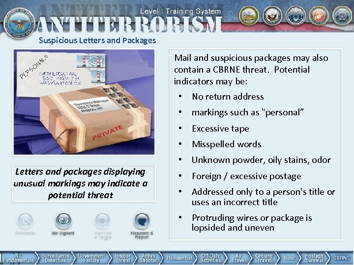 Suspicious Letters and Packages Mail and suspicious packages may also contain a CBRNE threat.