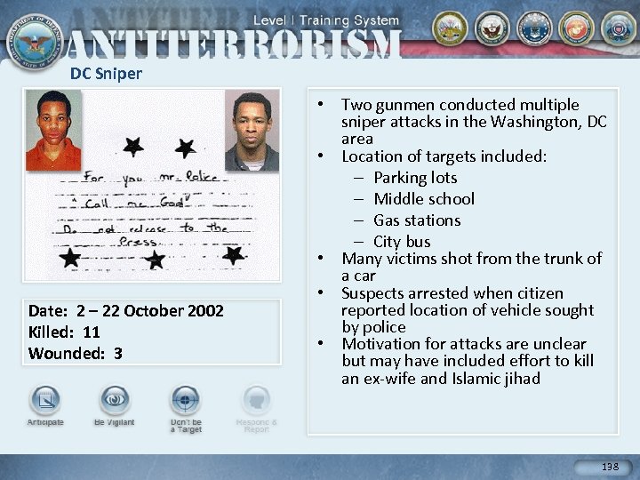 DC Sniper Date: 2 – 22 October 2002 Killed: 11 Wounded: 3 • Two