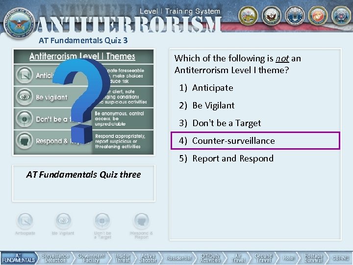 AT Fundamentals Quiz 3 Which of the following is not an Antiterrorism Level I