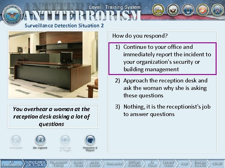 Surveillance Detection Situation 2 How do you respond? 1) Continue to your office and