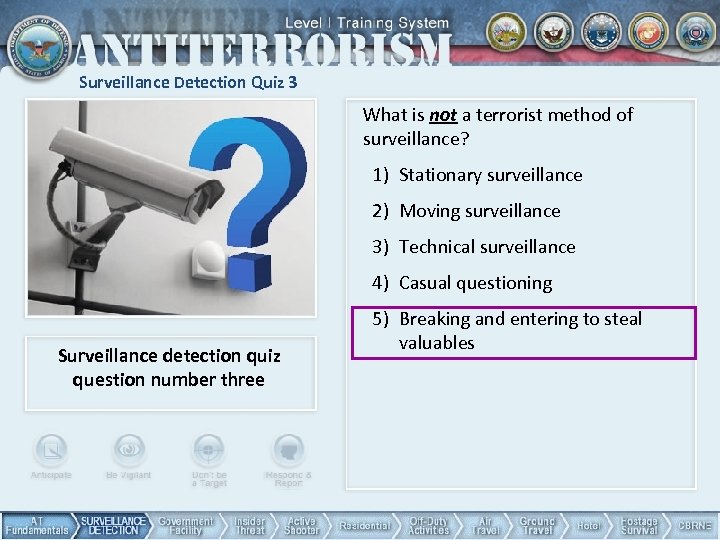 Surveillance Detection Quiz 3 What is not a terrorist method of surveillance? 1) Stationary