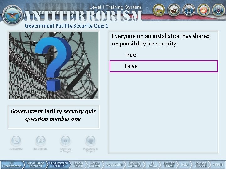 Government Facility Security Quiz 1 Everyone on an installation has shared responsibility for security.