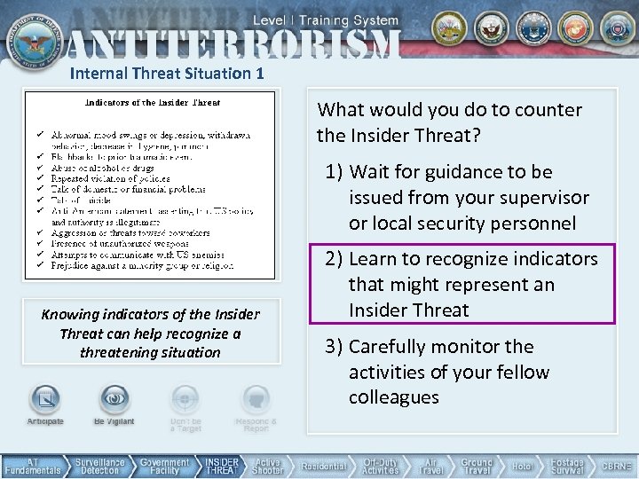 Internal Threat Situation 1 What would you do to counter the Insider Threat? 1)