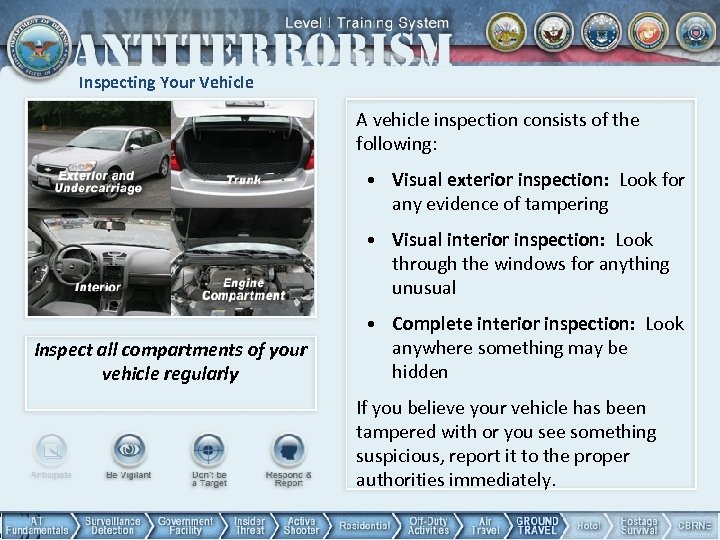 Inspecting Your Vehicle A vehicle inspection consists of the following: • Visual exterior inspection: