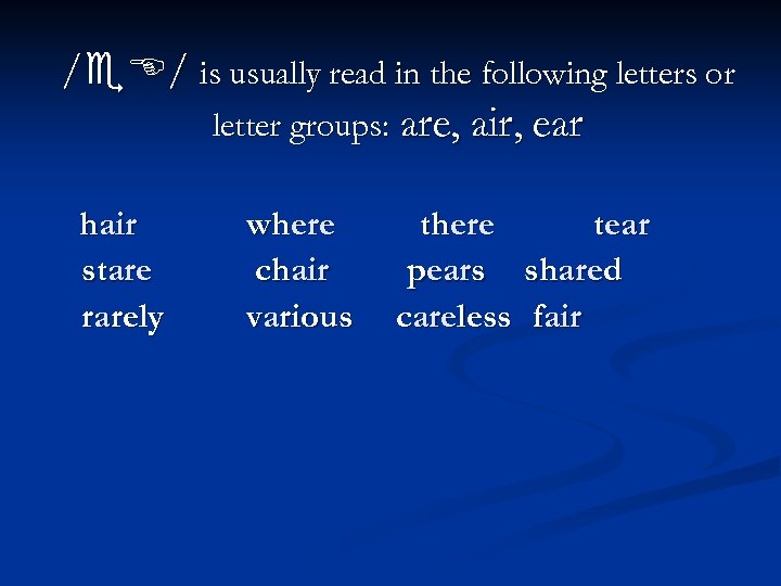 / / is usually read in the following letters or letter groups: are, air,