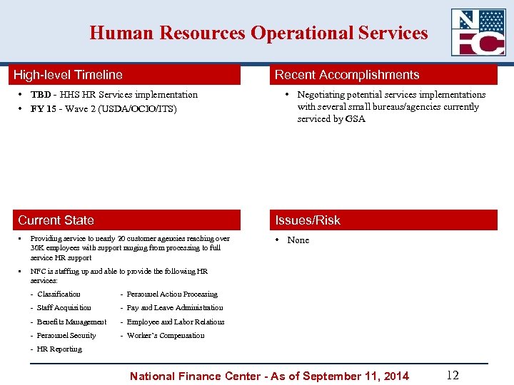 Human Resources Operational Services High-level Timeline Recent Accomplishments • TBD - HHS HR Services