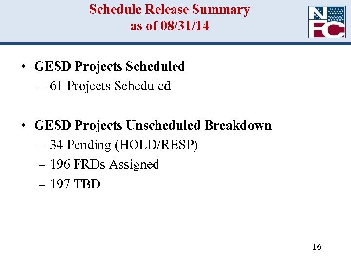 Schedule Release Summary as of 08/31/14 • GESD Projects Scheduled – 61 Projects Scheduled