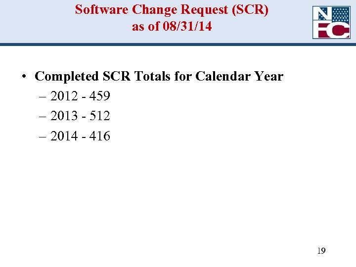 Software Change Request (SCR) as of 08/31/14 • Completed SCR Totals for Calendar Year