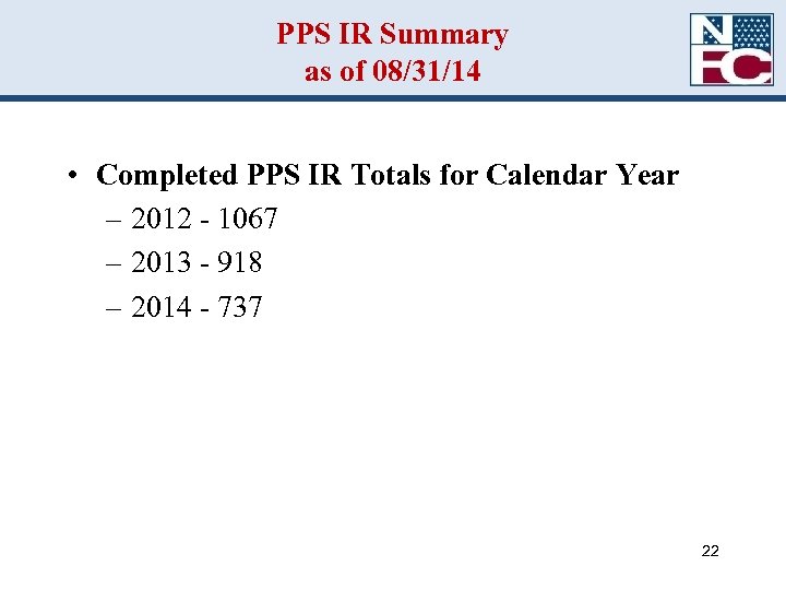 PPS IR Summary as of 08/31/14 • Completed PPS IR Totals for Calendar Year