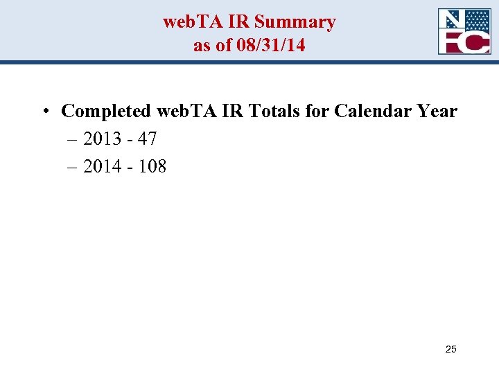 web. TA IR Summary as of 08/31/14 • Completed web. TA IR Totals for