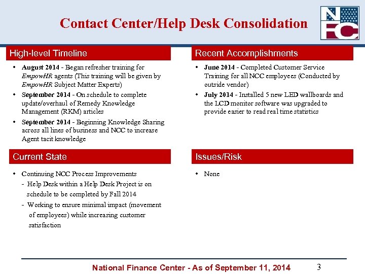 Contact Center/Help Desk Consolidation High-level Timeline Recent Accomplishments • August 2014 - Began refresher