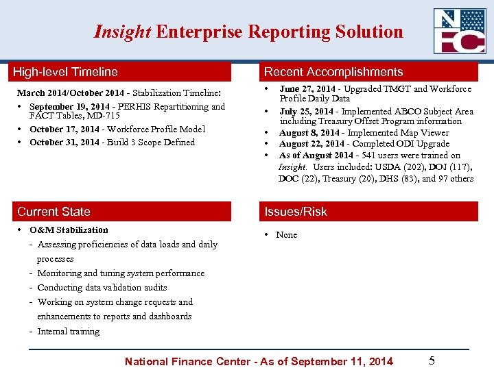 Insight Enterprise Reporting Solution High-level Timeline Recent Accomplishments March 2014/October 2014 - Stabilization Timeline: