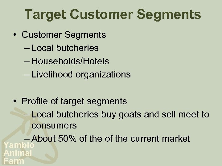 Target Customer Segments • Customer Segments – Local butcheries – Households/Hotels – Livelihood organizations