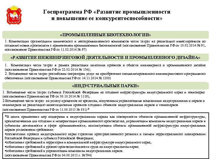 Госпрограмма РФ «Развитие промышленности и повышение ее конкурентоспособности» «ПРОМЫШЛЕННЫЕ БИОТЕХНОЛОГИИ» 1. Компенсация организациям химического
