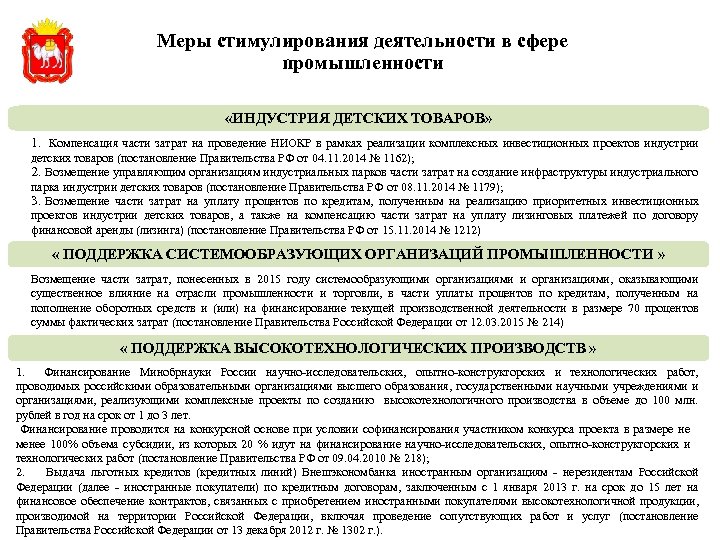 Меры стимулирования деятельности в сфере промышленности «ИНДУСТРИЯ ДЕТСКИХ ТОВАРОВ» 1. Компенсация части затрат на