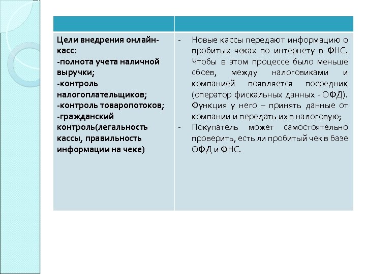 Цели внедрения онлайнкасс: -полнота учета наличной выручки; -контроль налогоплательщиков; -контроль товаропотоков; -гражданский контроль(легальность кассы,
