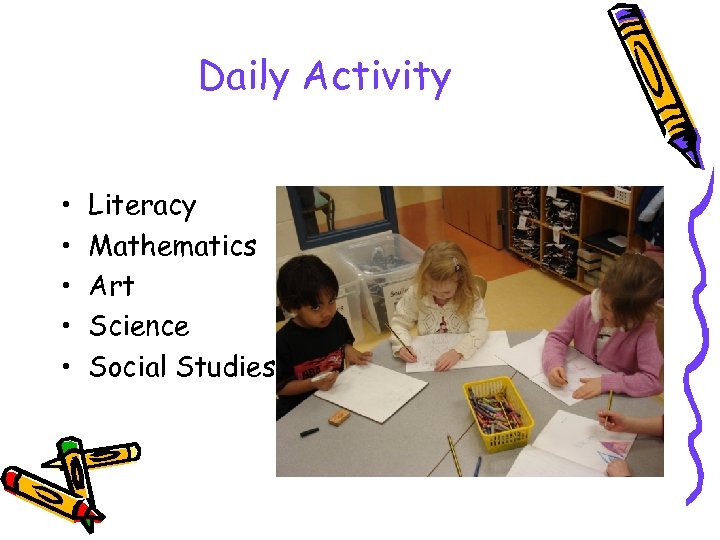 Daily Activity • • • Literacy Mathematics Art Science Social Studies 