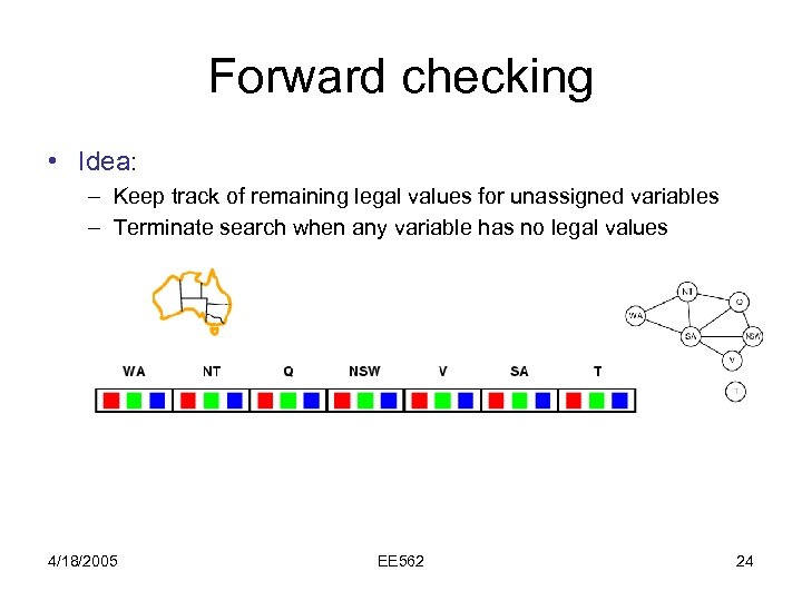 Forward checking • Idea: – Keep track of remaining legal values for unassigned variables