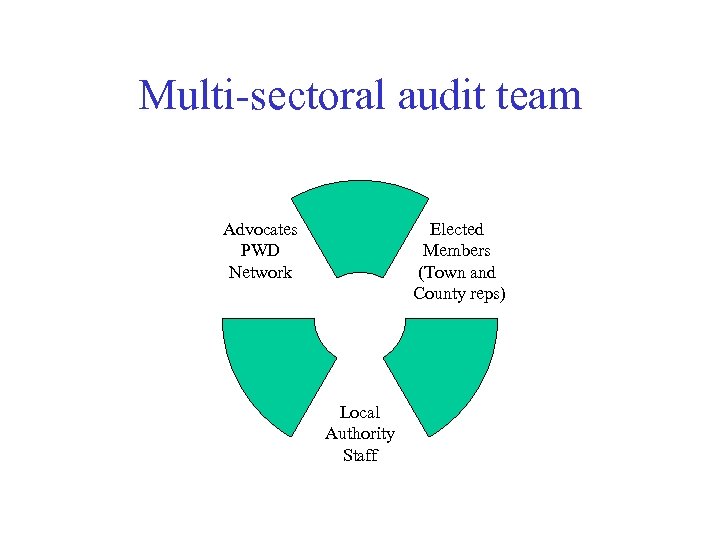 Multi-sectoral audit team Elected Members (Town and County reps) Advocates PWD Network Local Authority